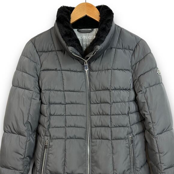 Womens Calvin Klein Repel 2 Degree Puffer Jacket Coat Faux Fur Collar Gray Small - Picture 3 of 10